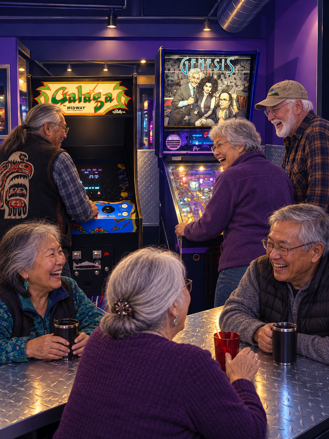 Adults enjoying arcade and pinball games together