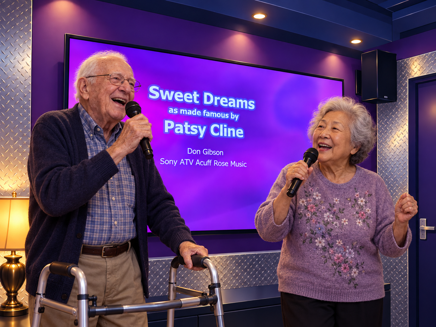 Older adults singing together in front of the karaoke screen