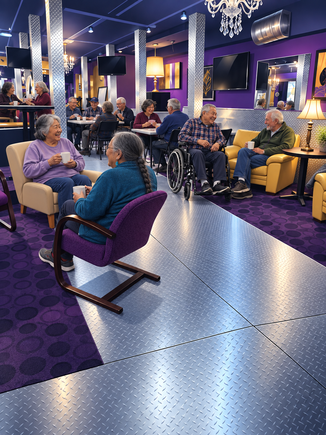 Adults socializing in the activity lounge, including a participant using a wheelchair