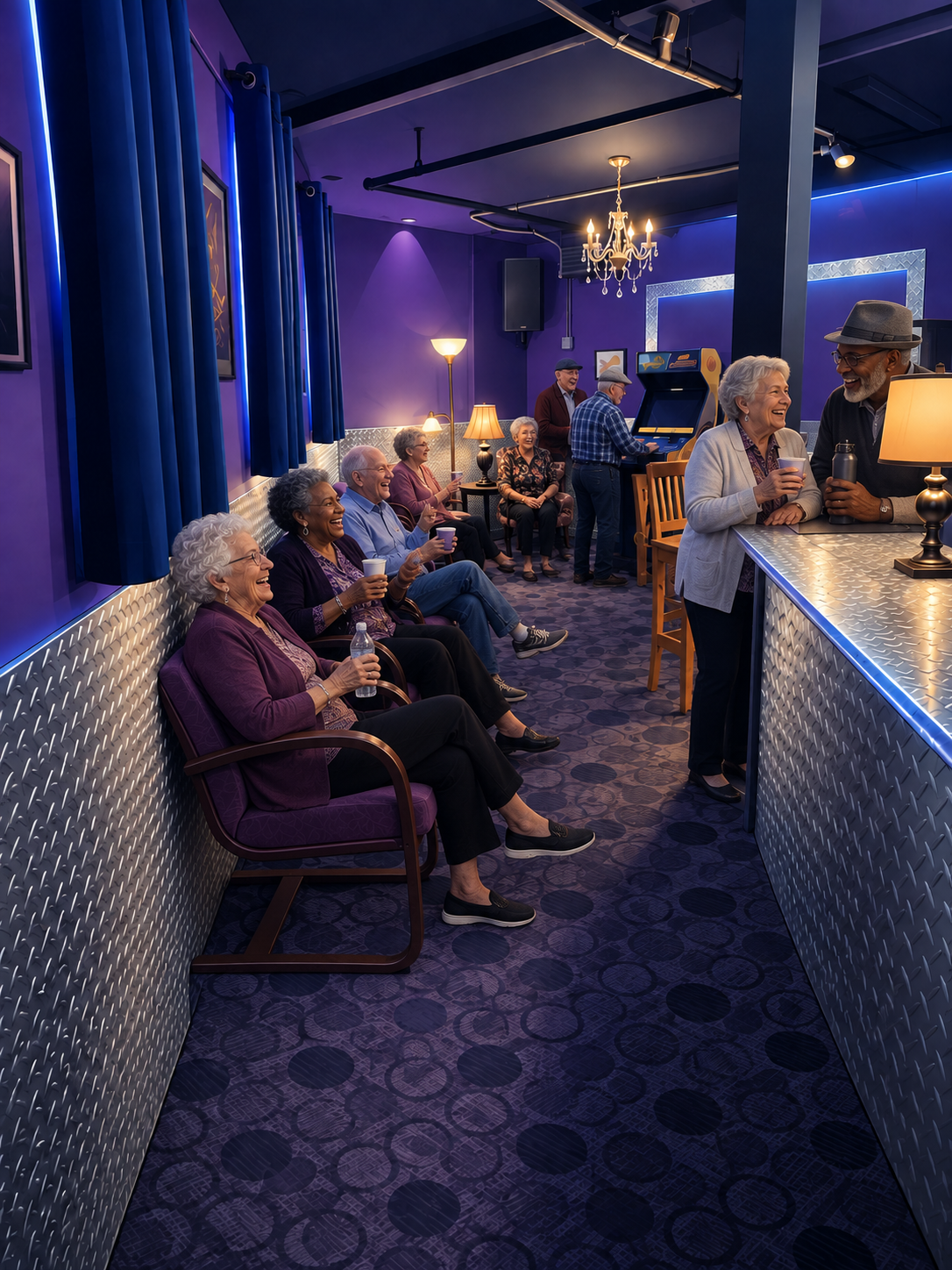 Adults chatting and relaxing in a purple lounge with warm lighting